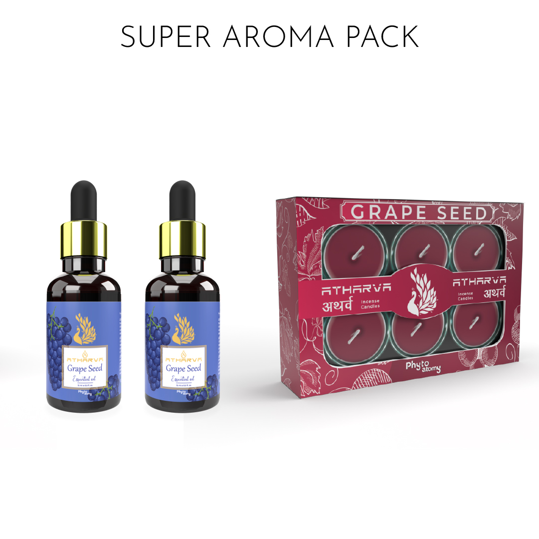 Two Bottles of Atharva Grape Seed Essential Oil (15ml)+ One pack of Grapeseed Atharva Incense Candles (12 Pcs.)